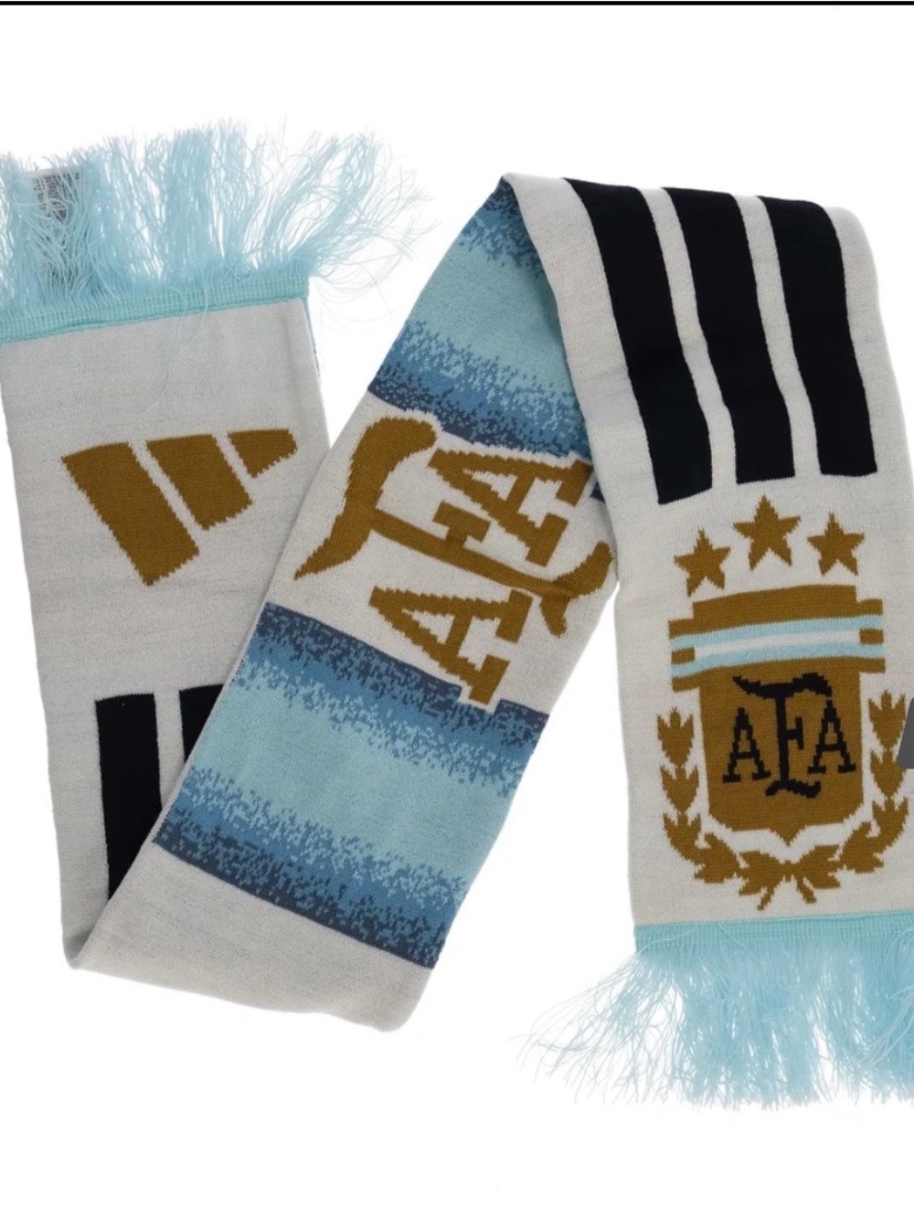 Adidas Argentina White Scarf with Gold Logo and Light Blue Fringe - KF1385